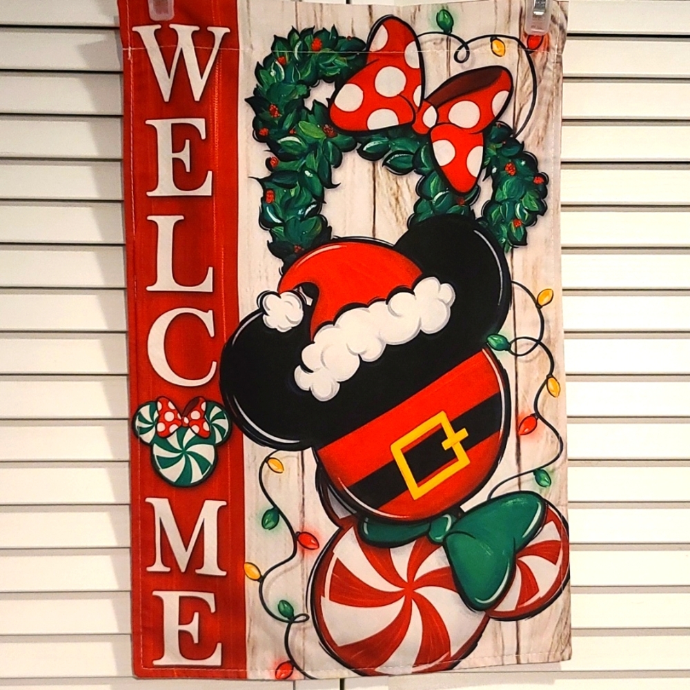 DISNEY MICKEY Mouse Christmas themed yard, garden welcome flag sign NWT …